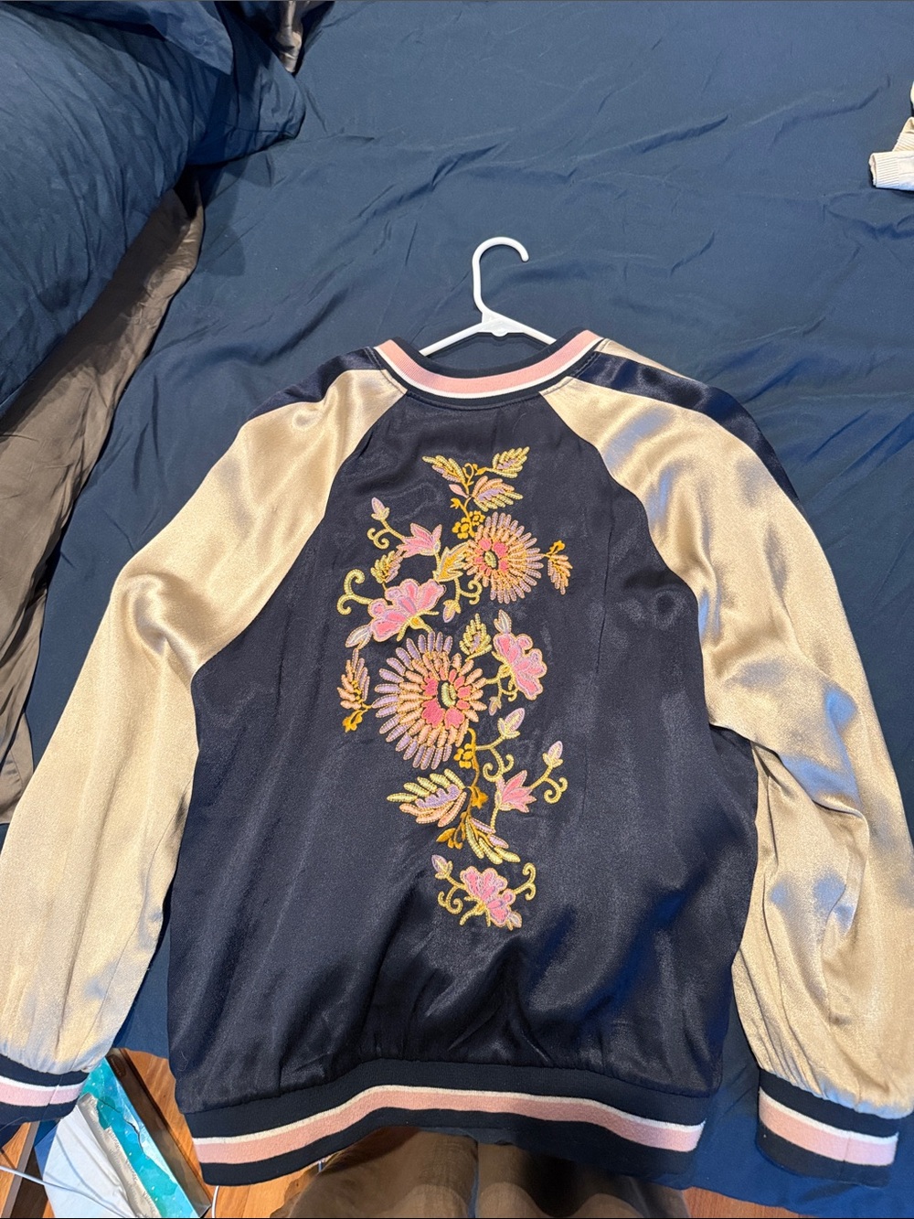 H&M Navy and Cream Floral Embroidered Bomber Jacket
